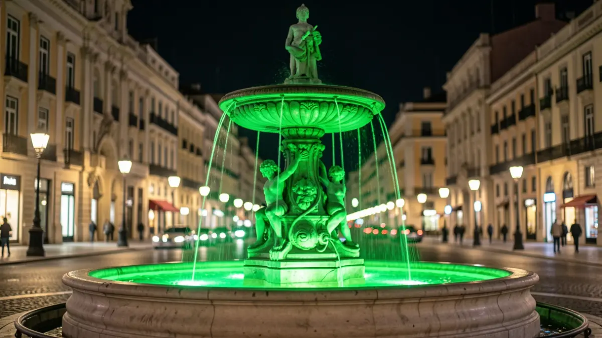 Imagen genérica de la Fuente de Neptuno iluminada de verde por la noche.