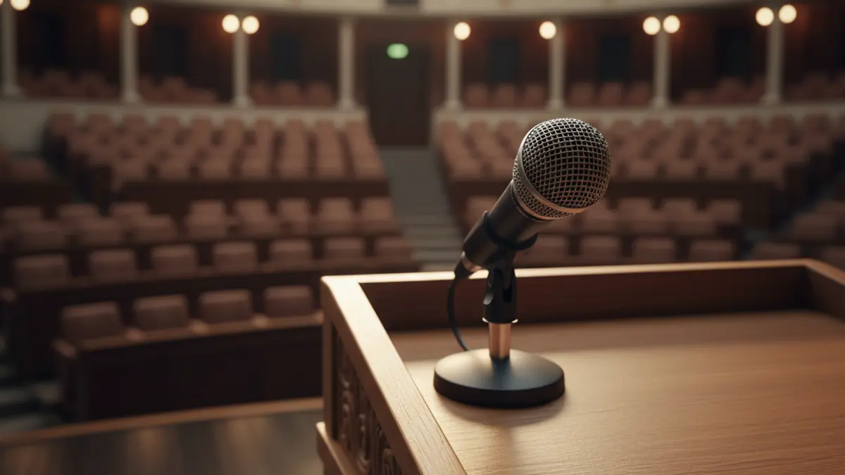 Image of a microphone on a podium in an empty stadium, symbolizing a judicial decision regarding events.