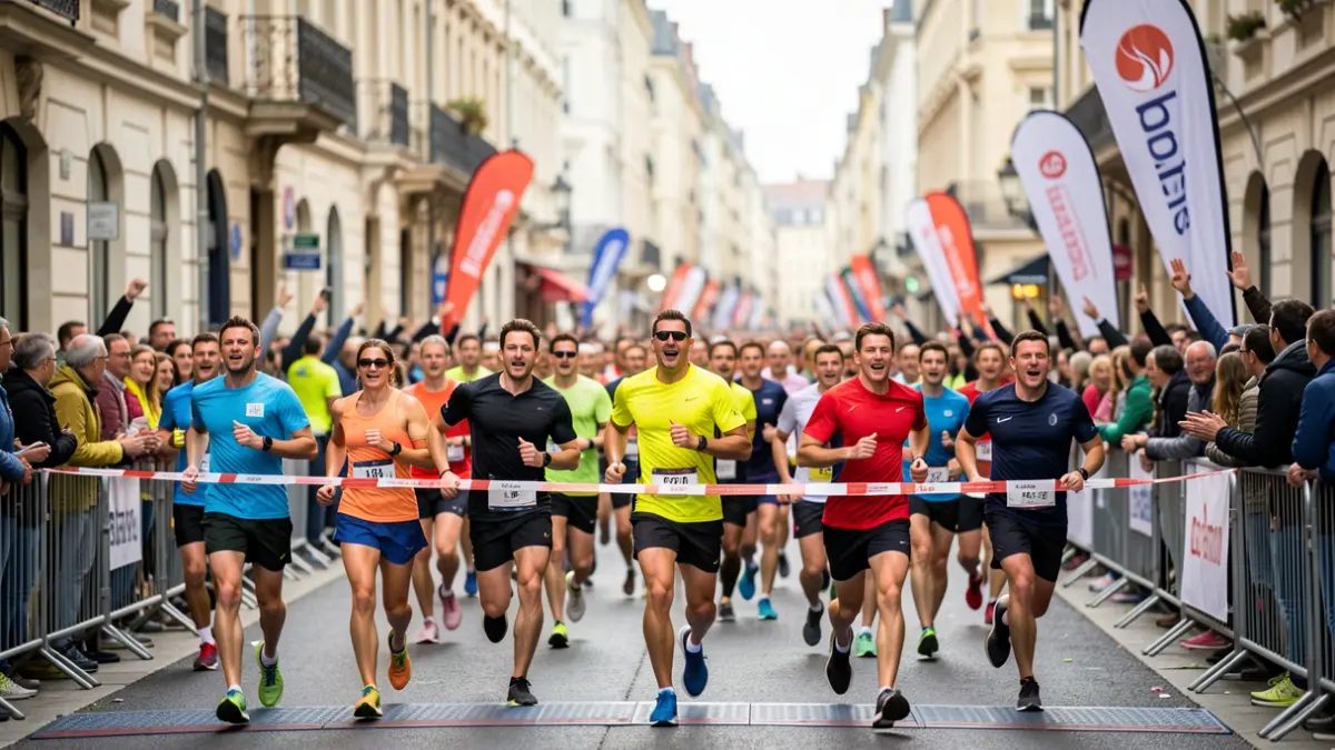 Generic image of runners crossing a finish line in an urban street.