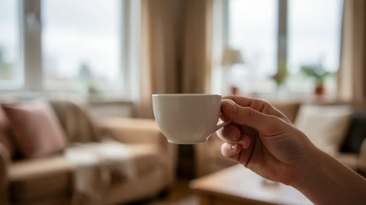 Generic image of a hand holding a teacup in a homey setting.