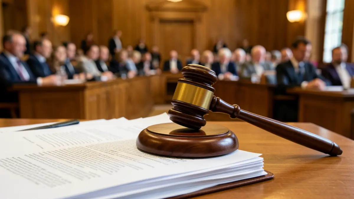 Generic image of a judge's gavel on official documents in a meeting room.