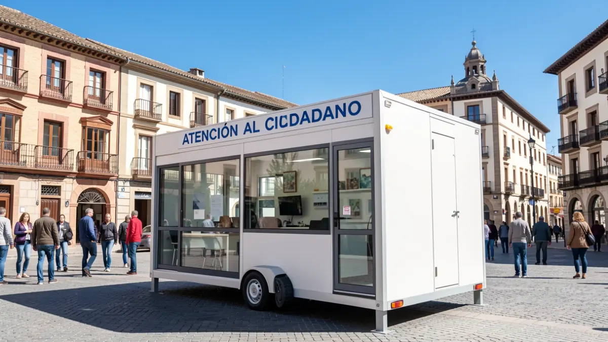 Unidad móvil de atención al ciudadano aparcada en la Plaza de Mariano Cuadrado de Torrelodones.