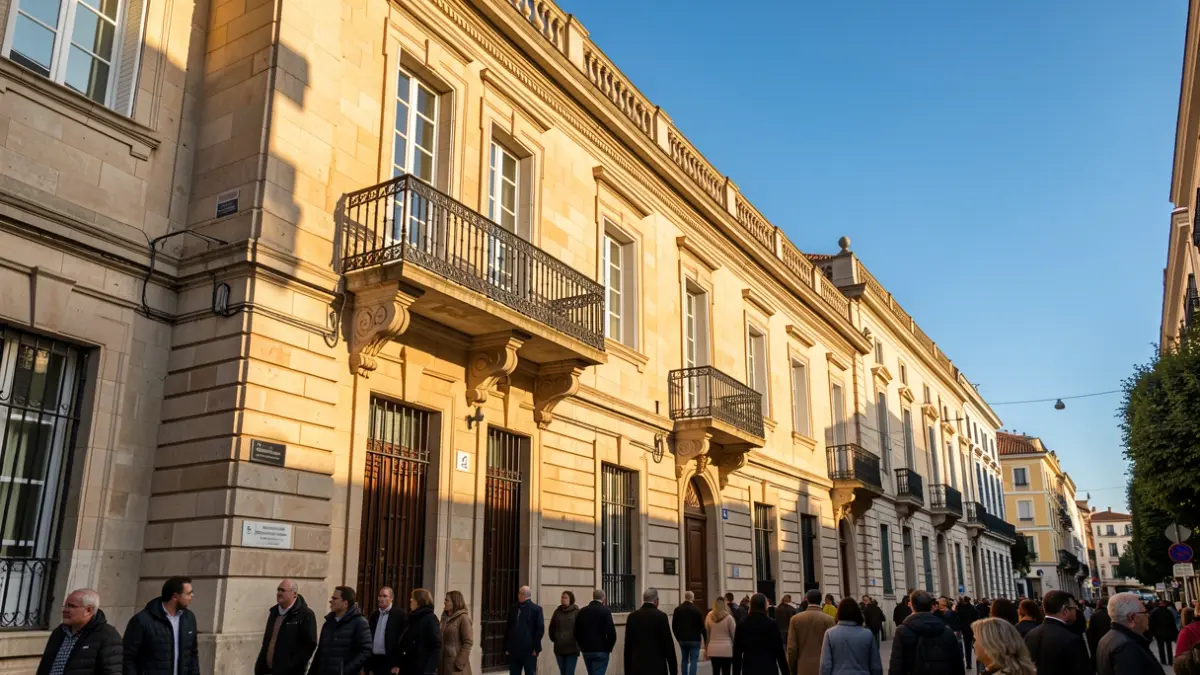 Facade of a town hall in the Community of Madrid with a balcony and iron railings, warm afternoon light.