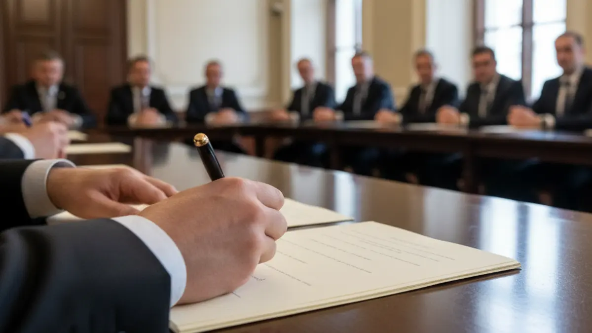 Generic image of hands signing a document on a wooden table, with blurred figures in the background.