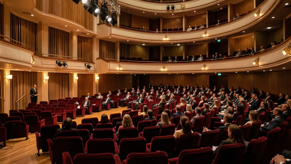 Imagen genérica de una sala de conciertos con butacas vacías y escenario iluminado.