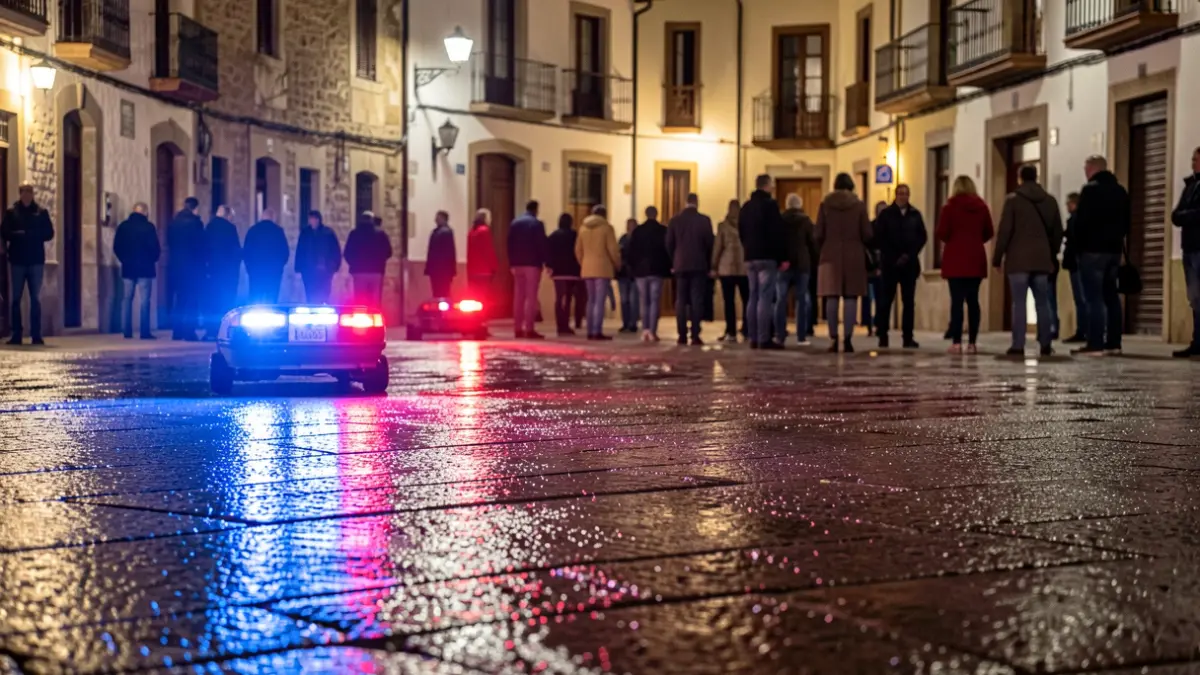 Imagen genérica de luces de emergencia policiales reflejándose en el asfalto mojado por la noche.