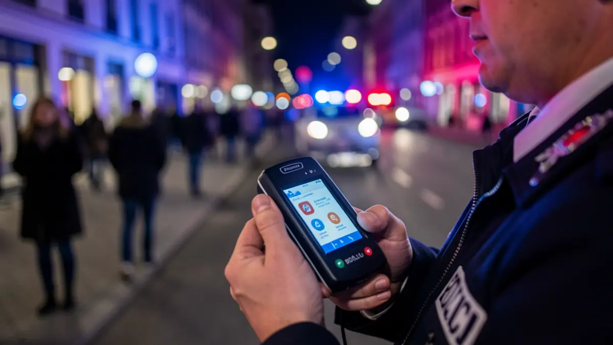 Breathalyzer device used by police in an urban setting.