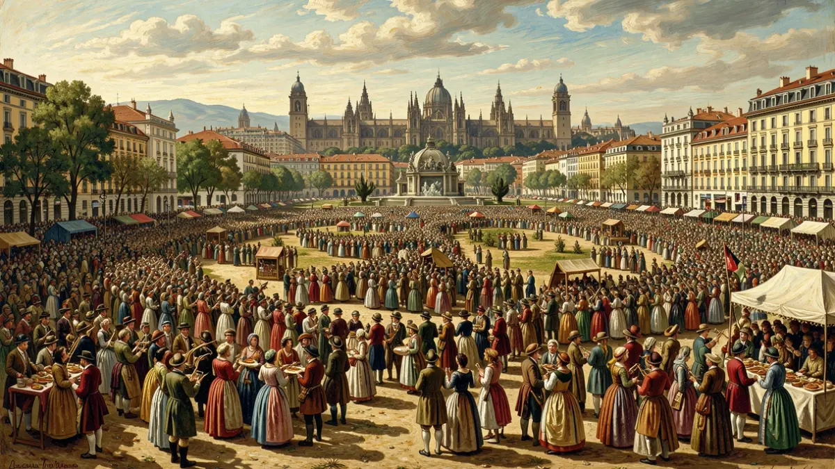 Imagen de la Pradera de San Isidro en Madrid durante una fiesta tradicional, con gente y el perfil de la ciudad al fondo.