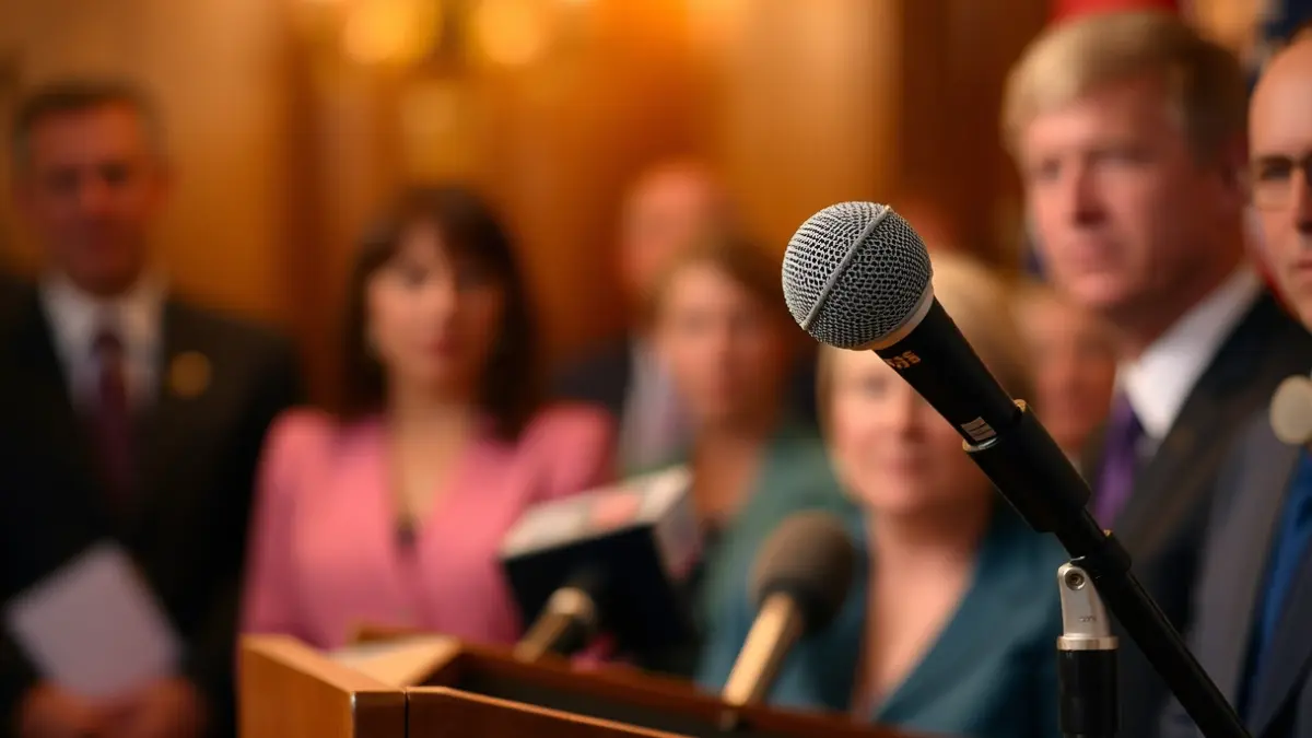 Generic image of a microphone on a podium during a press conference.