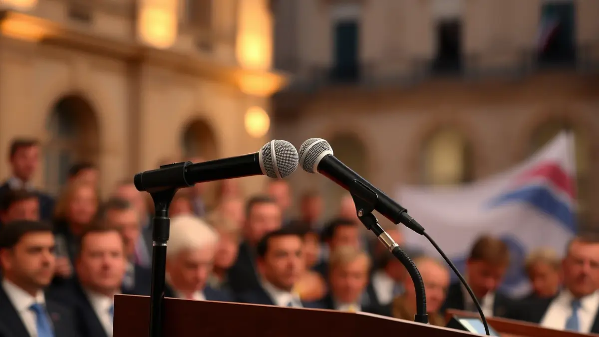 Generic image of a microphone on a podium, symbolizing a political speech.