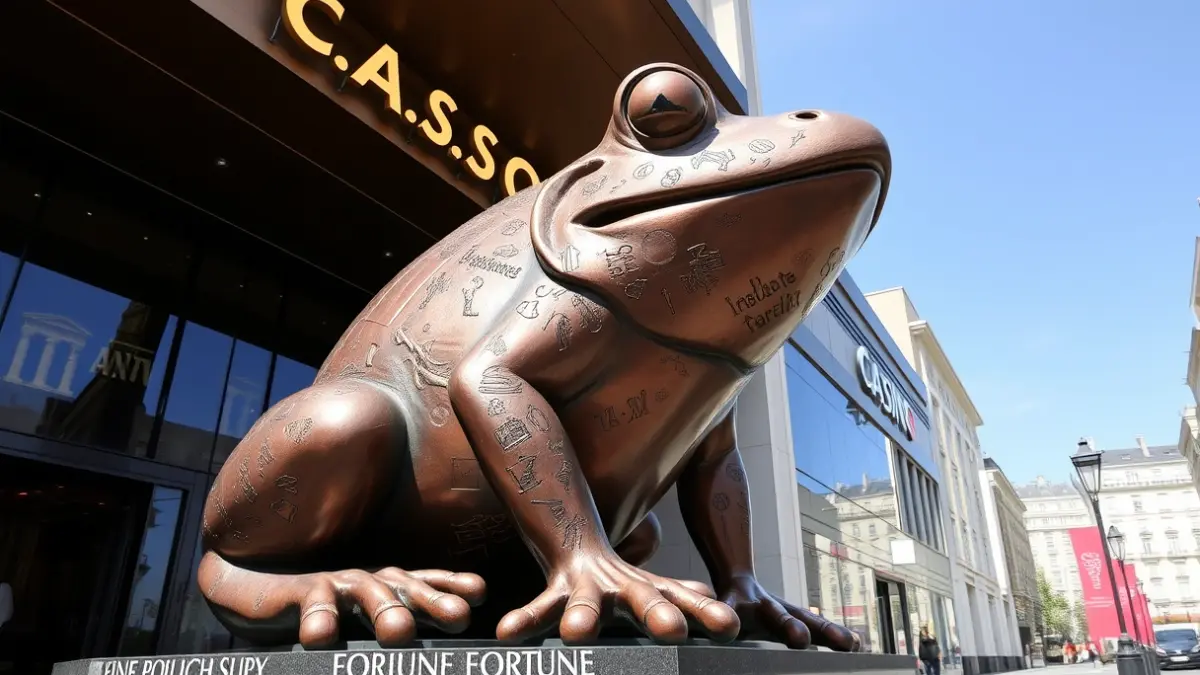 Bronze frog sculpture at a casino entrance.