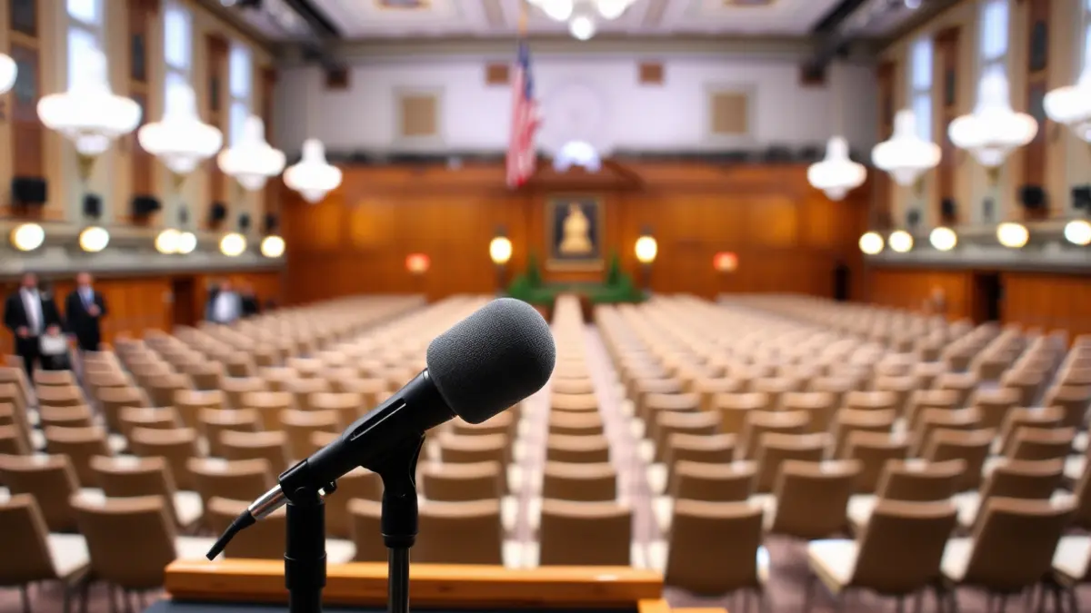 Generic image of a press center with a microphone on a podium.