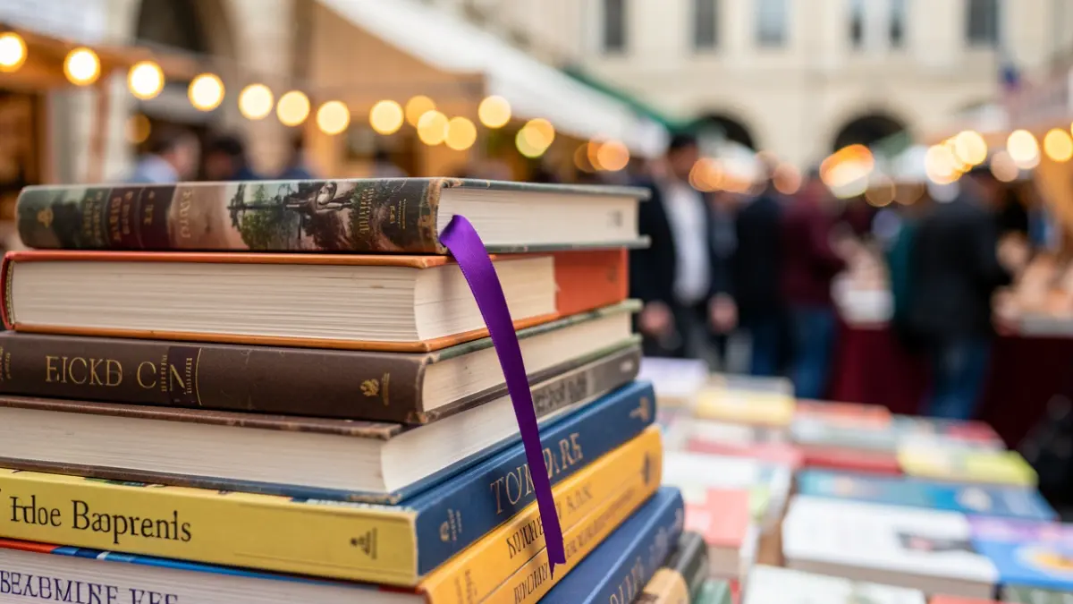 Generic image of stacked books with a purple ribbon bookmark.