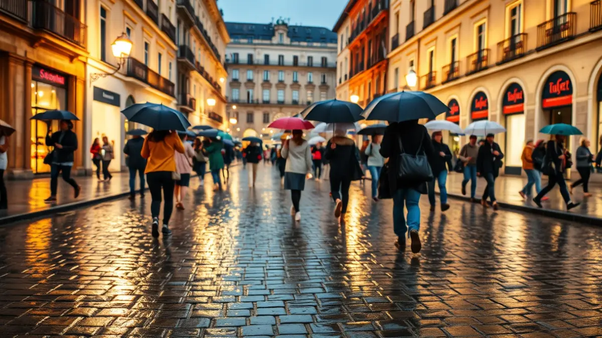 Imagen de una calle de Madrid con el suelo mojado por la lluvia y personas con paraguas durante una celebración.