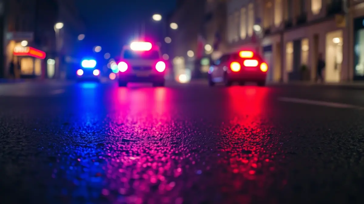 Generic image of emergency lights reflected on wet asphalt.