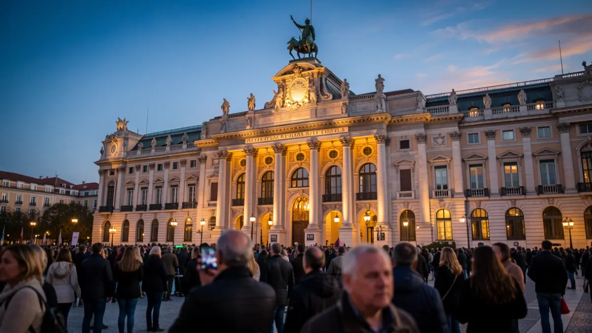 Facade of the Palacio de Cibeles in Madrid at dusk.