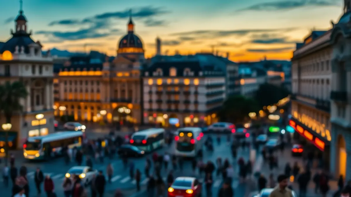 Imagen de la Gran Vía de Madrid al atardecer, con luces de la ciudad y tráfico borroso, simbolizando el aumento del turismo.