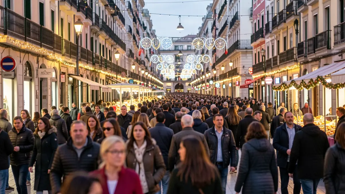 Generic image of a Madrid street during a large event with festive lights.