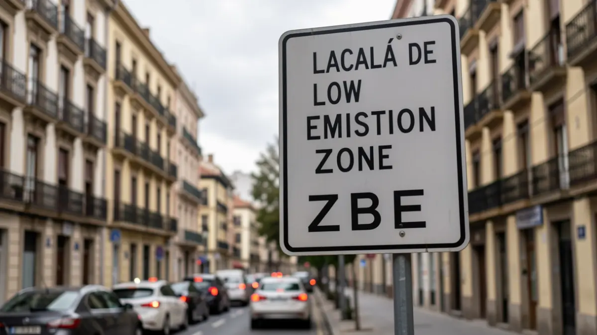 Low Emission Zone (ZBE) sign in a street of Alcalá de Henares with blurred traffic.