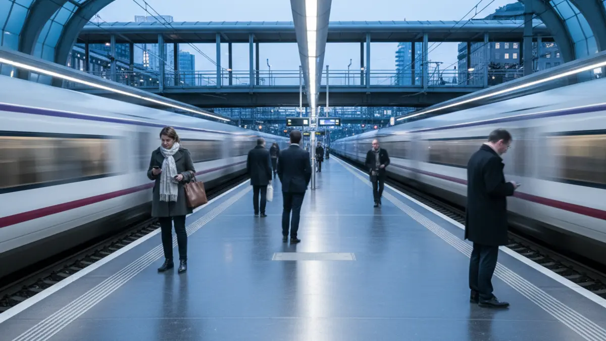 Generic image of a modern train station platform with blurred trains.