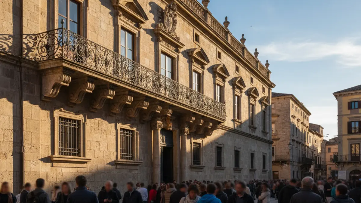 Stone town hall facade with balcony and iron railings, under afternoon sunlight.
