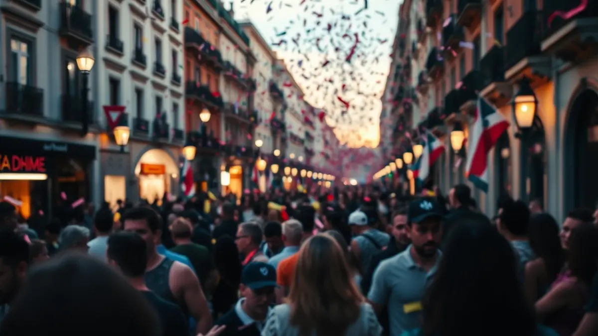 Generic image of a festive atmosphere in Madrid with confetti and blurred crowds.