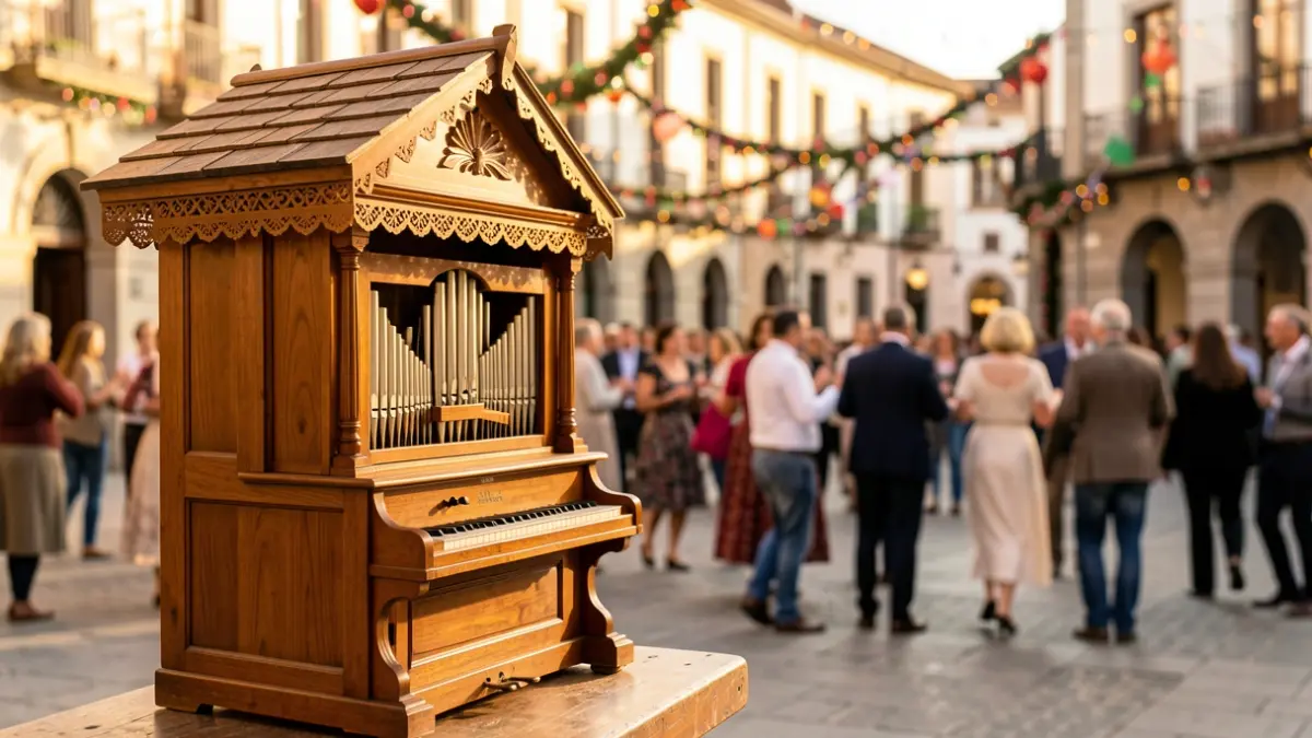 Image of a traditional organillo in a Madrid square during the festivities.