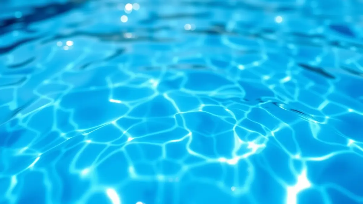 Generic image of a municipal swimming pool with clear water and sun reflections.