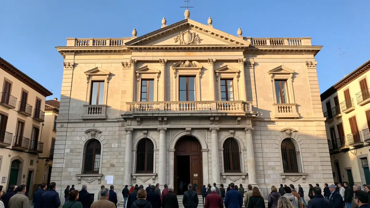 Facade of a classical-style town hall under a blue sky.