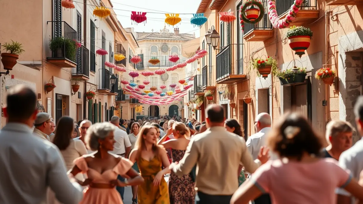 Image of a traditional celebration in a Madrid neighborhood, with dancing and a festive atmosphere.