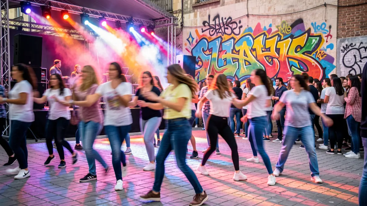 Generic image of an urban dance festival with dancers and street art.