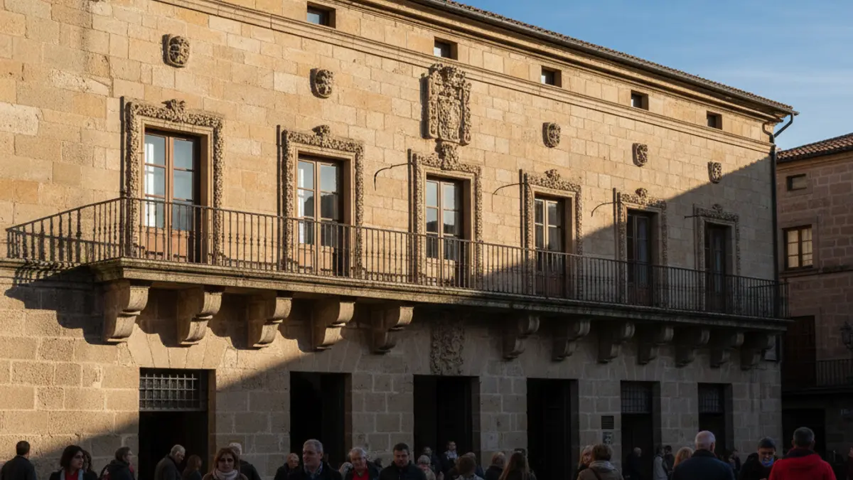 Fachada de un ayuntamiento con balcón y barandillas de hierro, bajo la luz del sol de la tarde.
