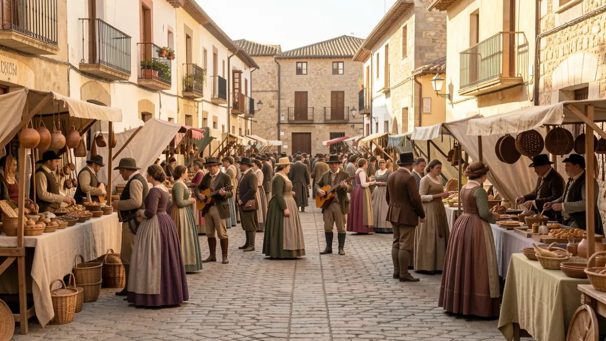 Imagen genérica de una recreación histórica de principios del siglo XIX en una plaza española con puestos y gente vestida de época.