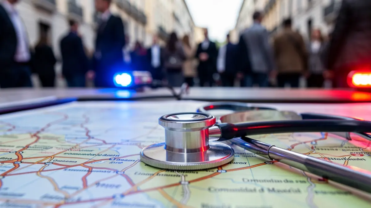 Generic image of a stethoscope on a map of the Comunidad de Madrid with emergency lights.