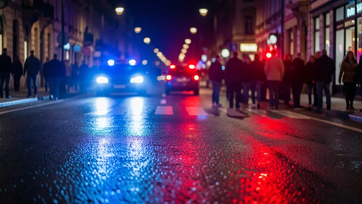 Generic image of police emergency lights reflecting on wet asphalt.