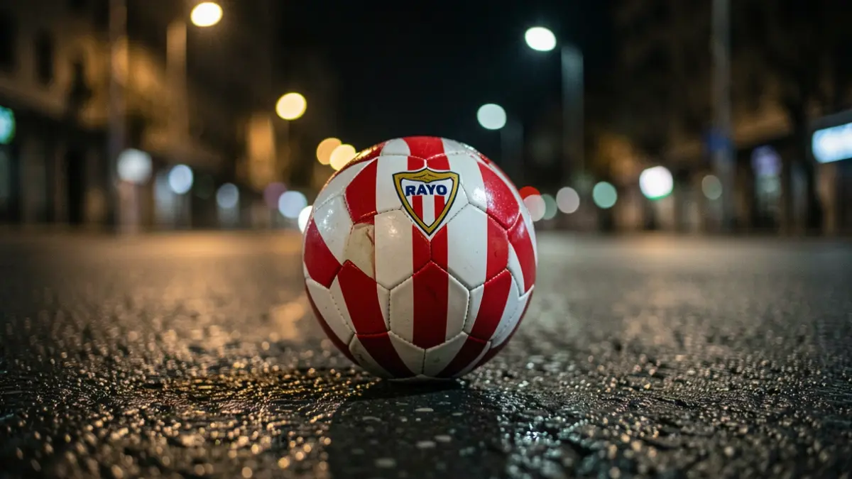 Close-up of a football with Rayo Vallecano colors on wet asphalt and blurred urban lights.