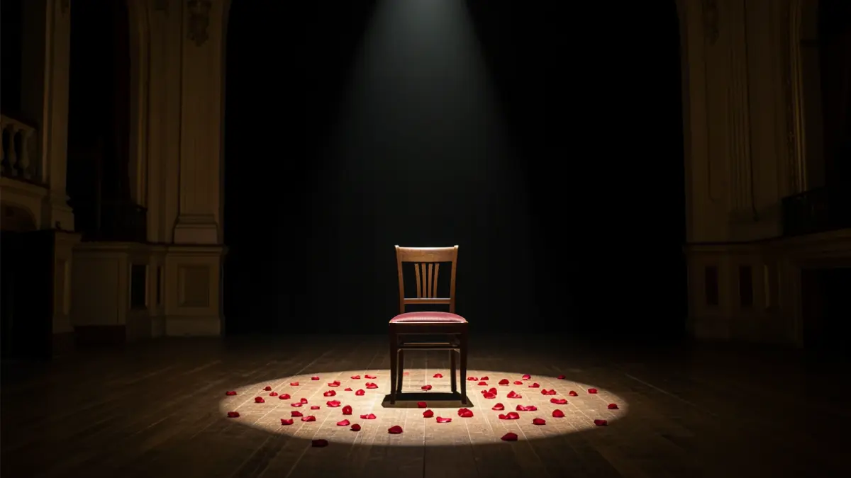Escena de teatro vacía con pétalos de rosa en el escenario.