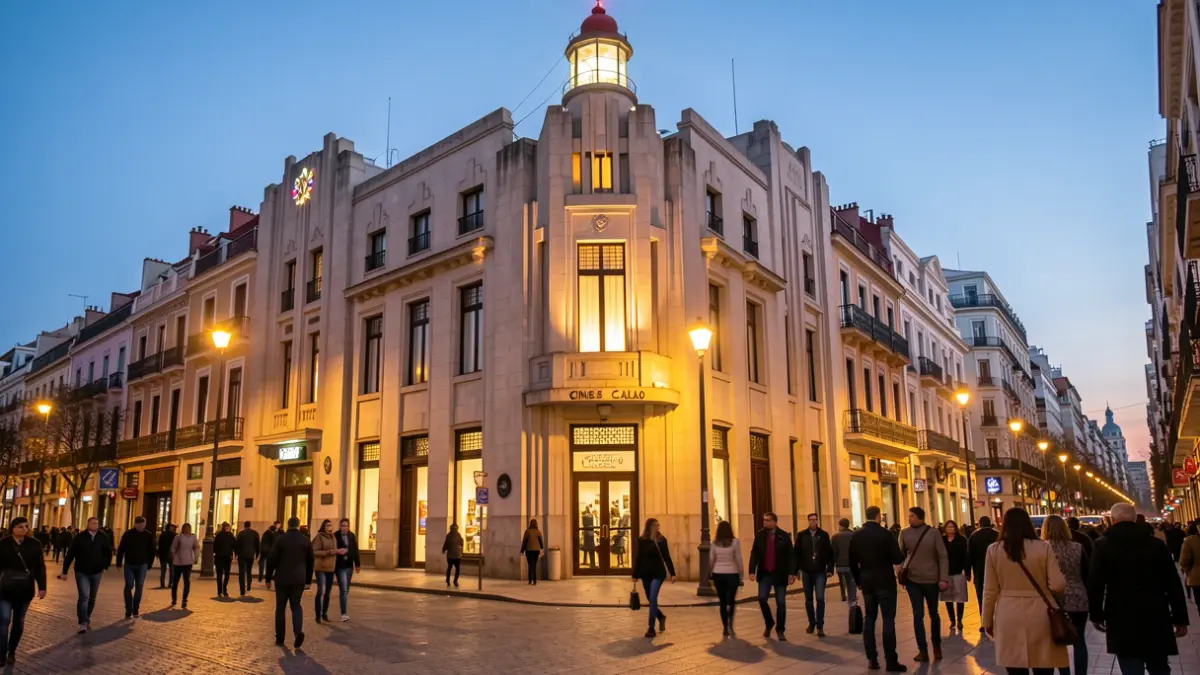 Facade of the historic Cines Callao building on Gran Vía, Madrid, at dusk.