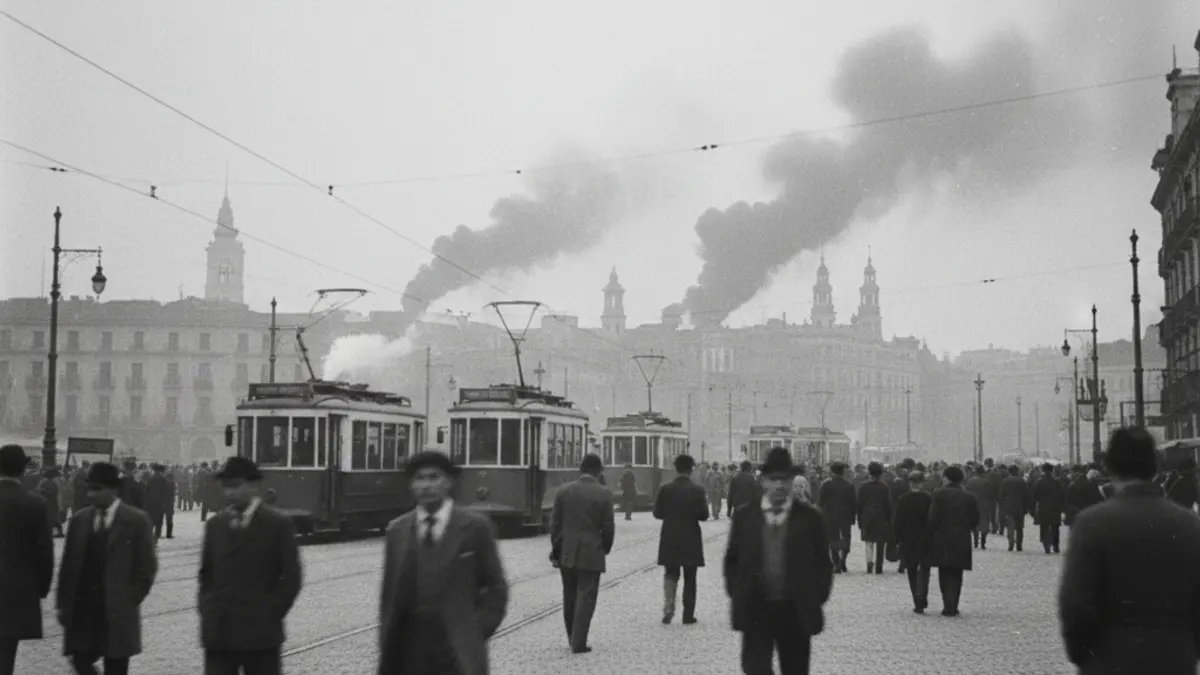 Imagen de una calle de Madrid en los años 30 con humo de incendios al fondo.