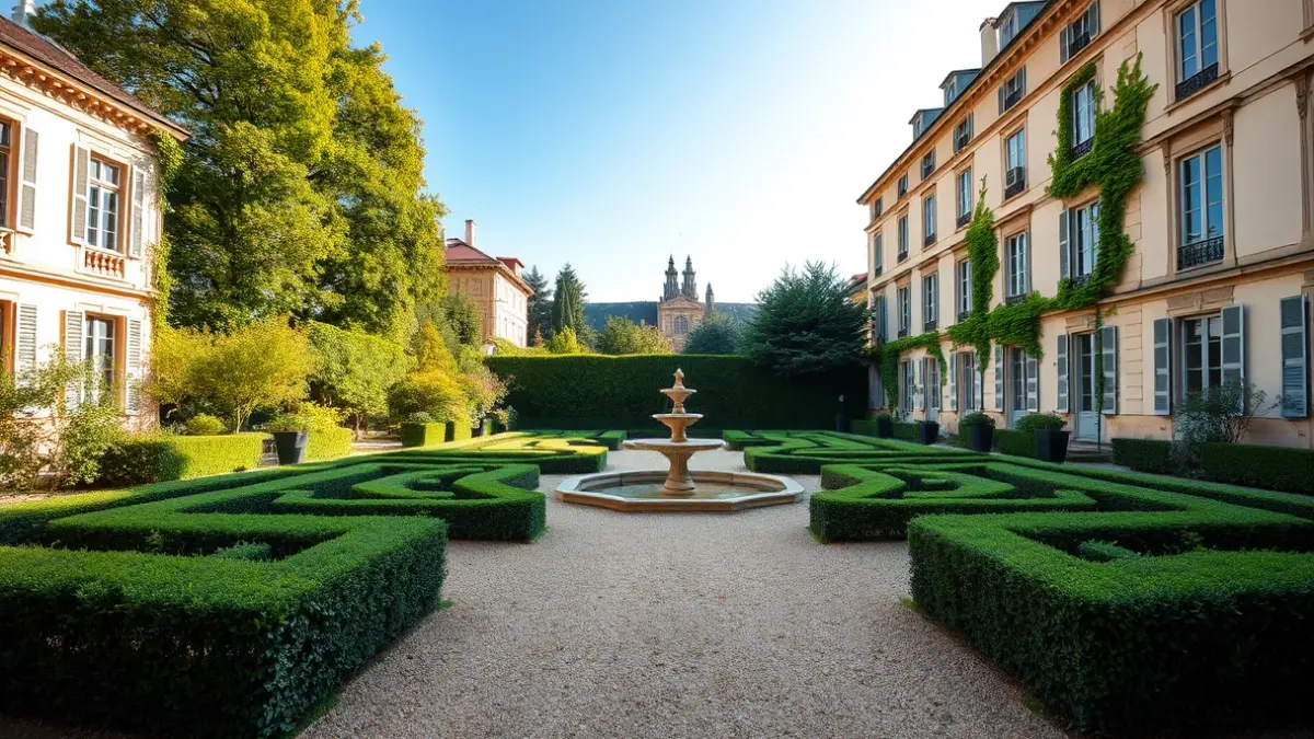 Image of the French gardens of Liria Palace with symmetrical parterres and a central fountain.
