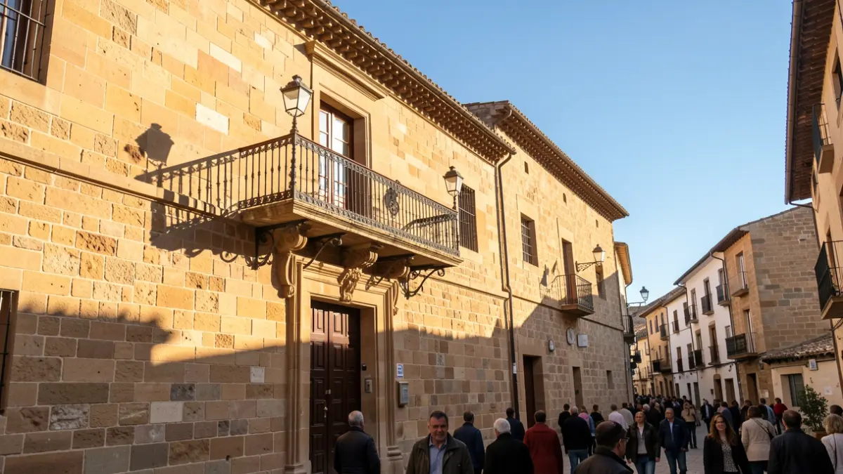 Fachada de un ayuntamiento de piedra con balcón y barandillas de hierro, luz de sol de la tarde.
