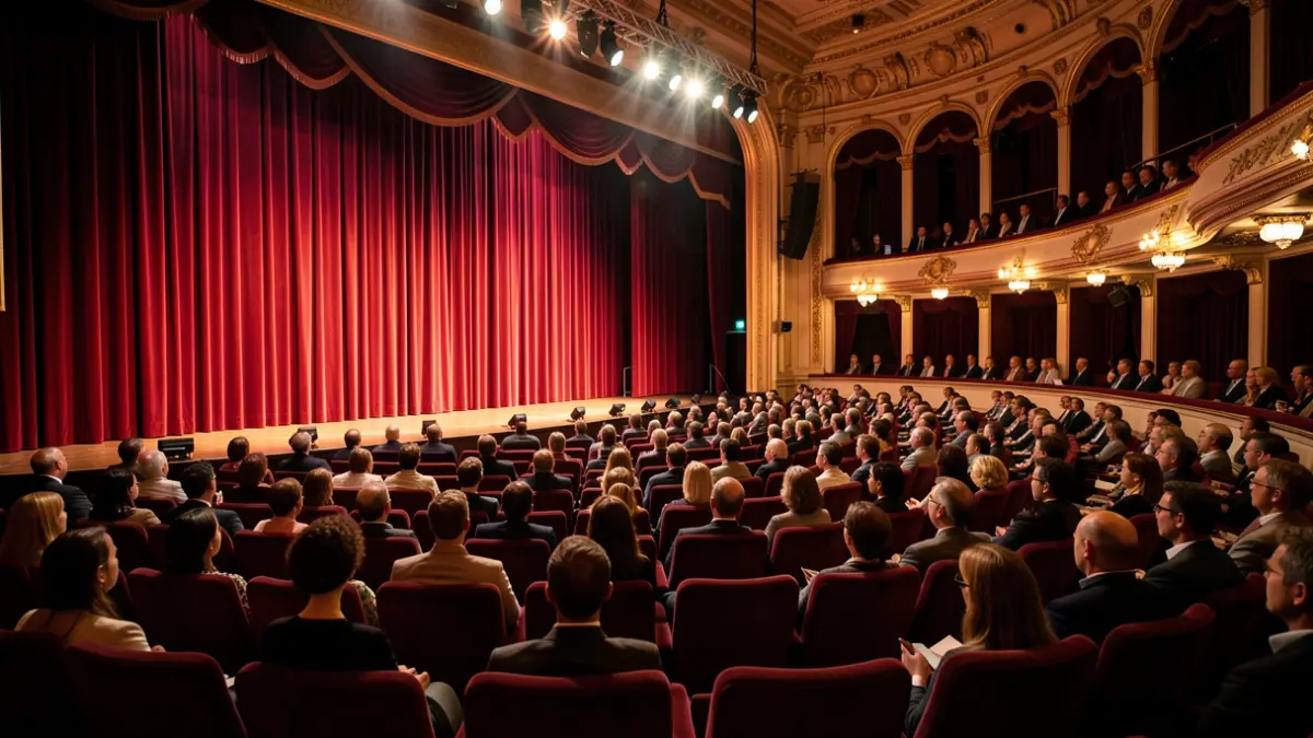 Imagen genérica de un escenario de teatro con iluminación cálida y telones.
