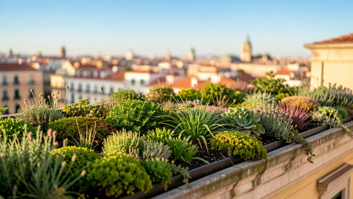 Cubierta verde en un edificio municipal de Madrid con la ciudad al fondo.