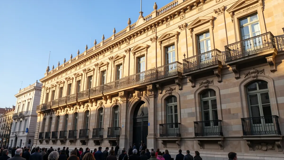 Facade of the Madrid City Hall with ornate balconies and iron railings, warm afternoon sunlight casting shadows on the sandstone walls, blue sky.