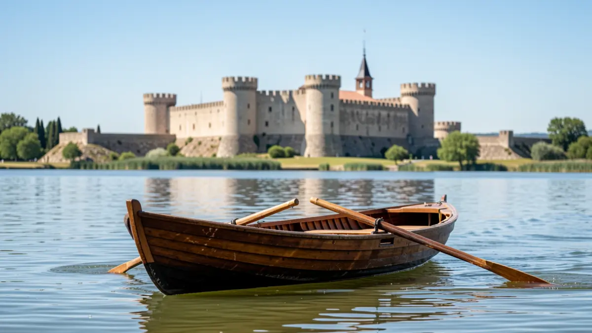 Imagen de una trainera en el embalse de Buitrago del Lozoya con el castillo al fondo.
