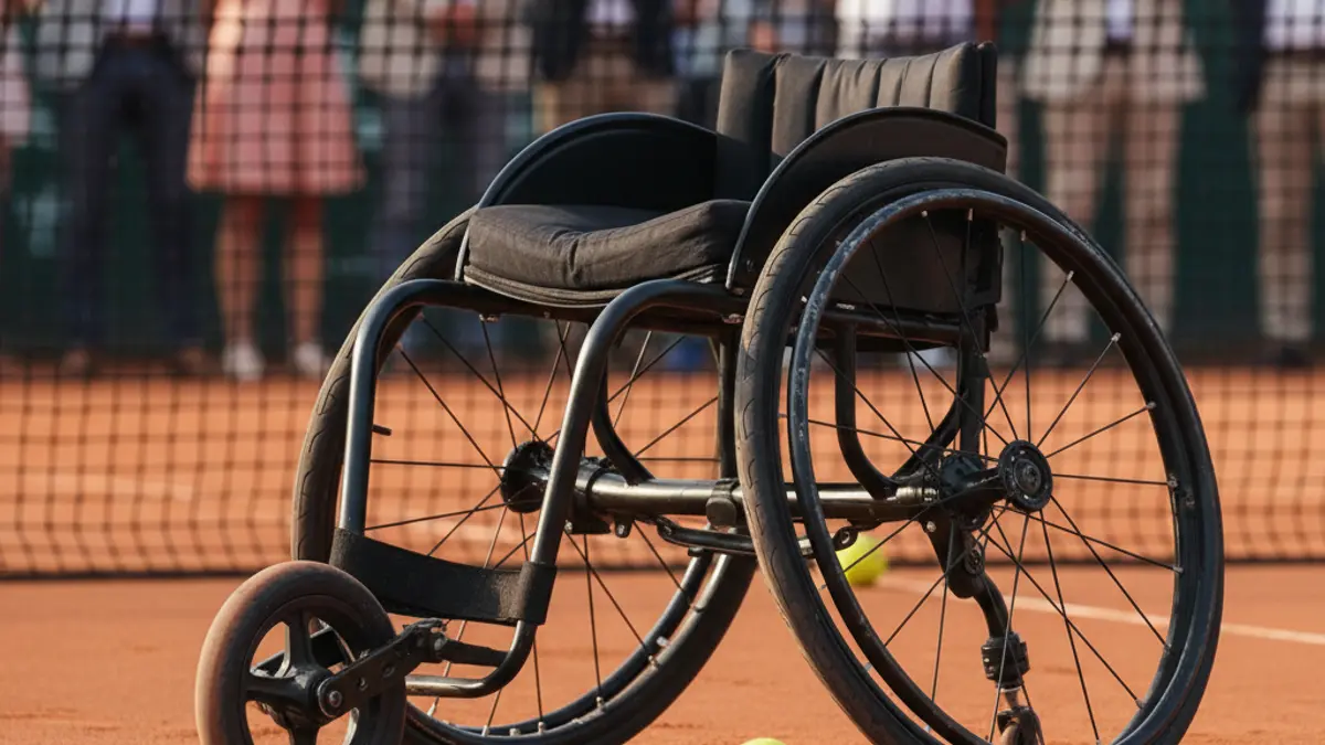 Imagen genérica de una silla de ruedas de tenis en una pista de tierra batida.