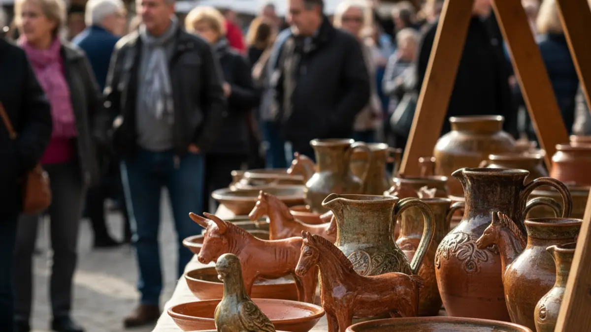 Imagen de piezas de cerámica artesanal con motivos animales en una feria.