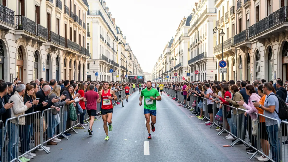 Imagen genérica de la Gran Vía de Madrid con espectadores y un recorrido de atletismo.