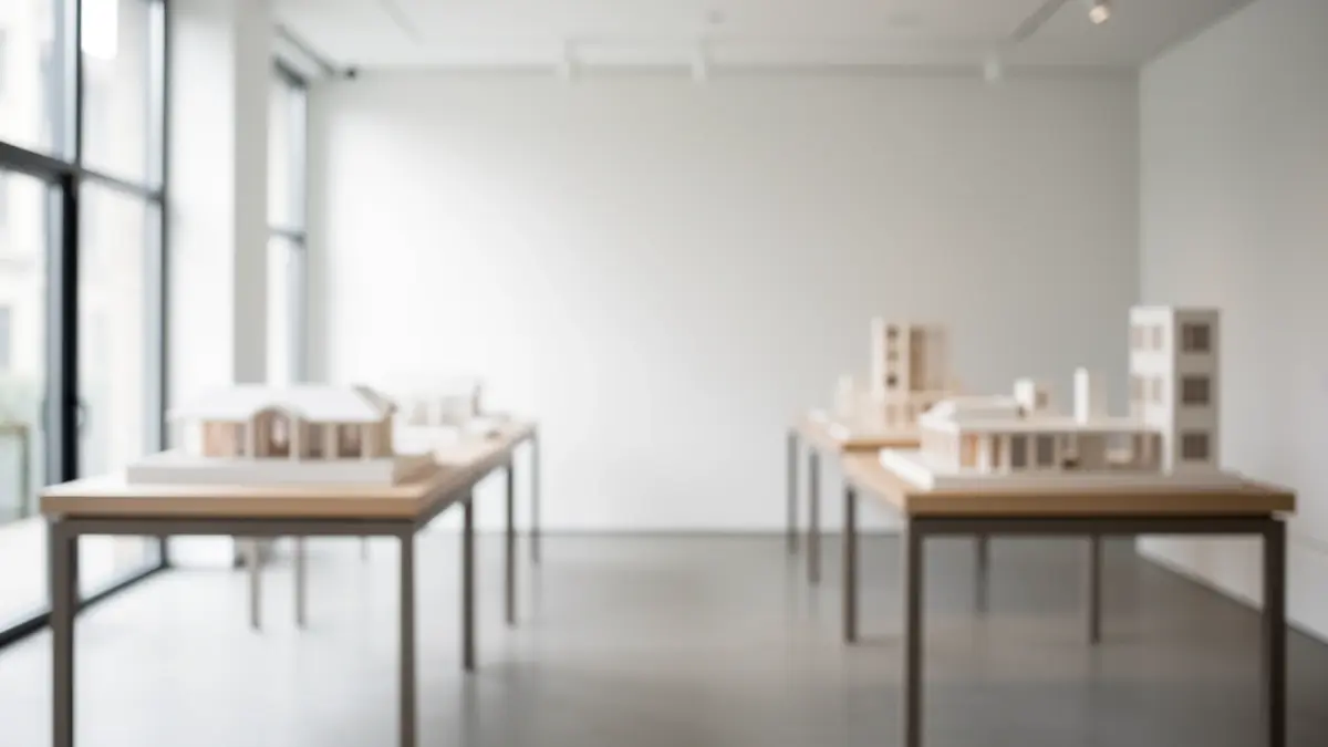 Interior view of a modern architecture gallery with scale models.