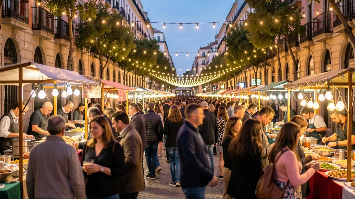 Generic image of an outdoor food festival in Madrid with food stalls and people enjoying.